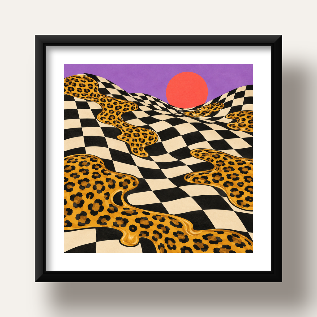 Eriyen Leopar Desenli Sürreal Peyzaj Poster - Modern Dekor — siyah derin çerçeveli paspartulu
