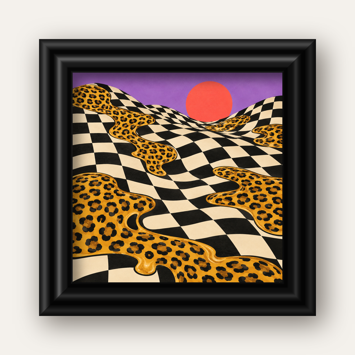 Eriyen Leopar Desenli Sürreal Peyzaj Poster - Modern Dekor — siyah galeri çerçeveli