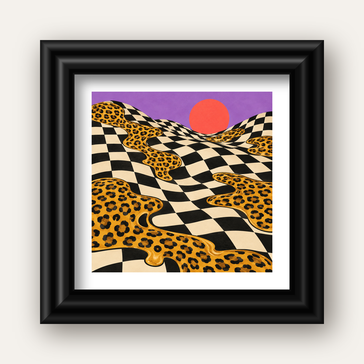 Eriyen Leopar Desenli Sürreal Peyzaj Poster - Modern Dekor — siyah galeri çerçeveli paspartulu