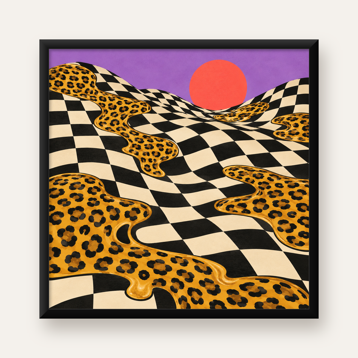 Eriyen Leopar Desenli Sürreal Peyzaj Poster - Modern Dekor — Kare baskı, düz siyah çerçeveli duvar posteri