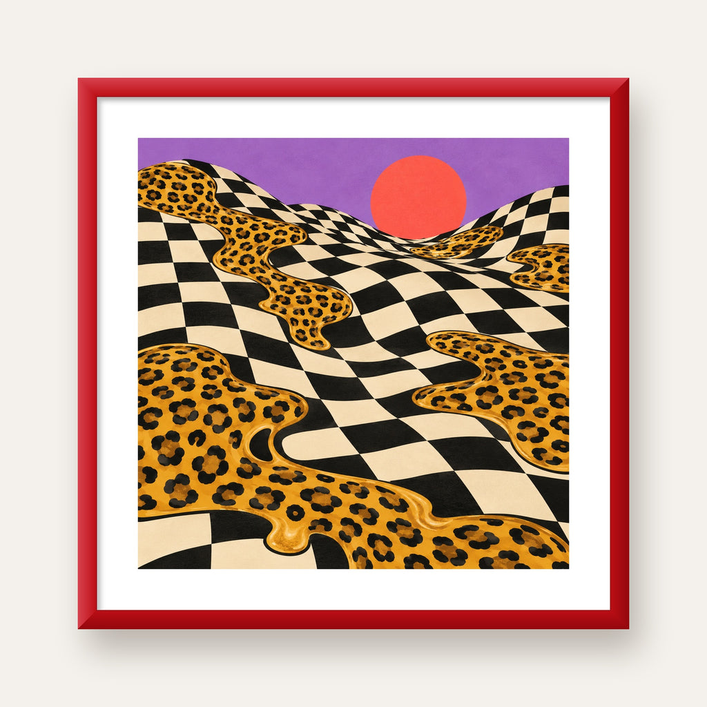 Eriyen Leopar Desenli Sürreal Peyzaj Poster - Modern Dekor — kırmızı çerçeveli paspartulu