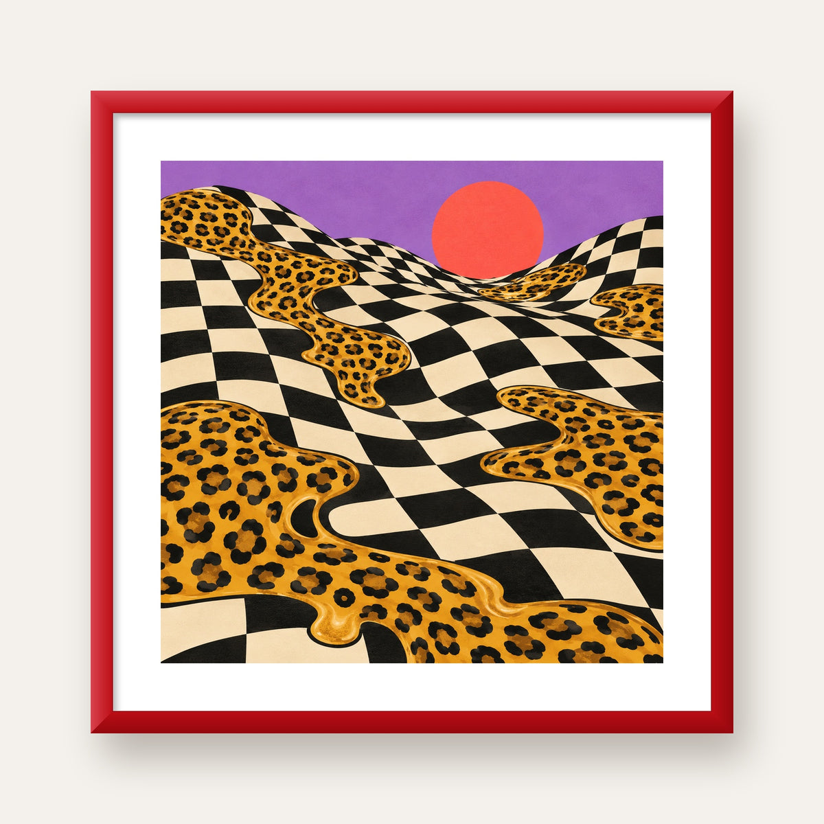 Eriyen Leopar Desenli Sürreal Peyzaj Poster - Modern Dekor — kırmızı çerçeveli paspartulu
