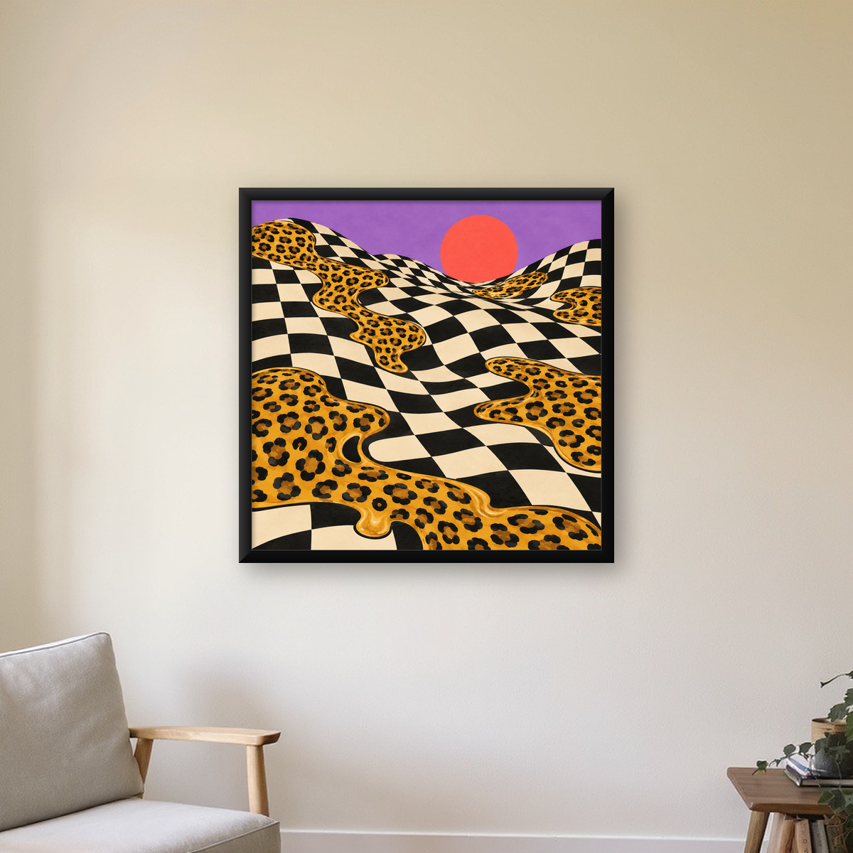 Eriyen Leopar Desenli Sürreal Peyzaj Poster - Modern Dekor — Kare baskı, çerçeveli hâliyle bir ev duvarında