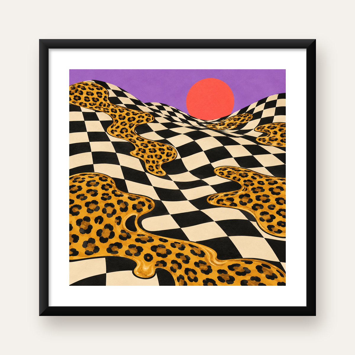 Eriyen Leopar Desenli Sürreal Peyzaj Poster - Modern Dekor — Kare baskı, beyaz paspartulu
