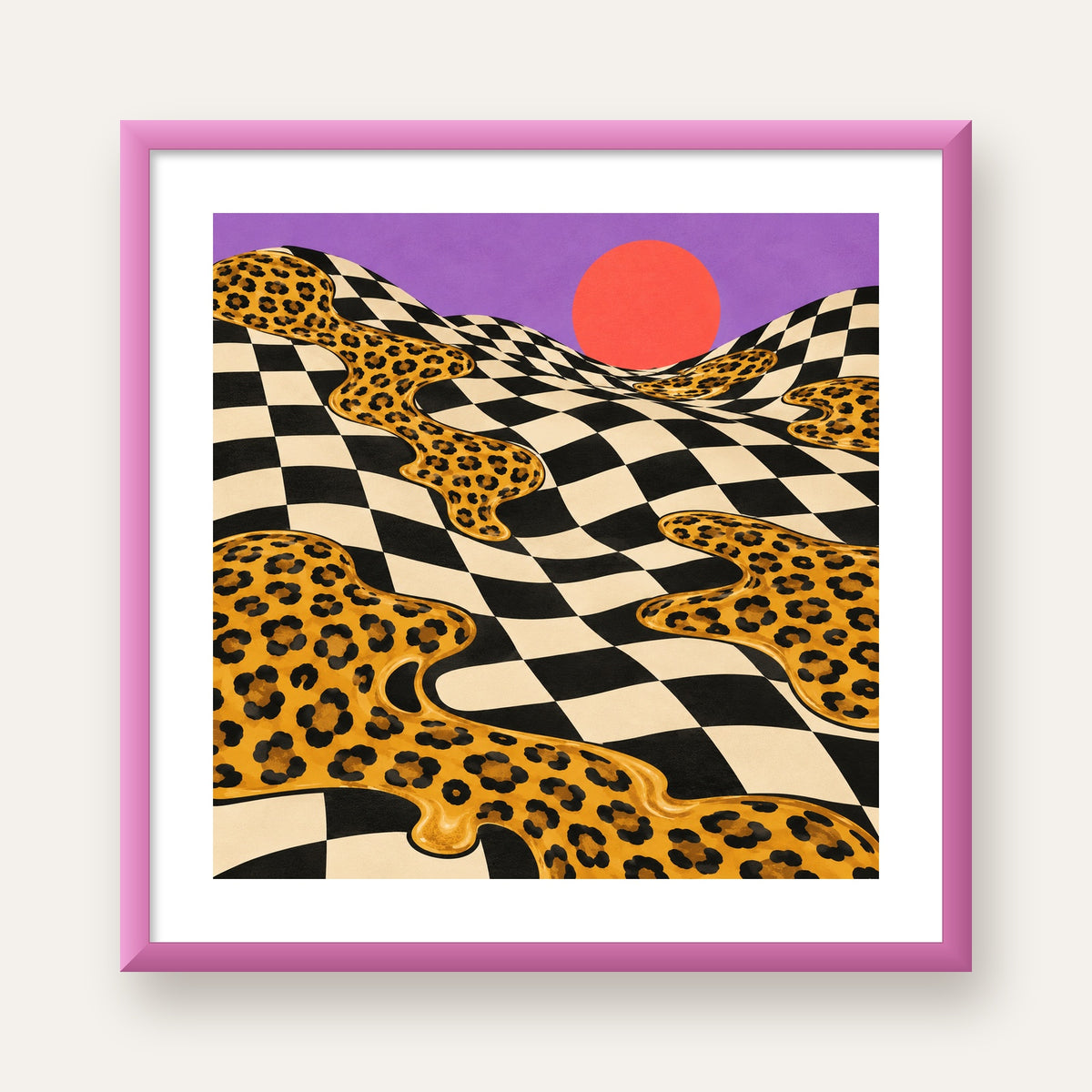 Eriyen Leopar Desenli Sürreal Peyzaj Poster - Modern Dekor — pembe çerçeveli paspartulu