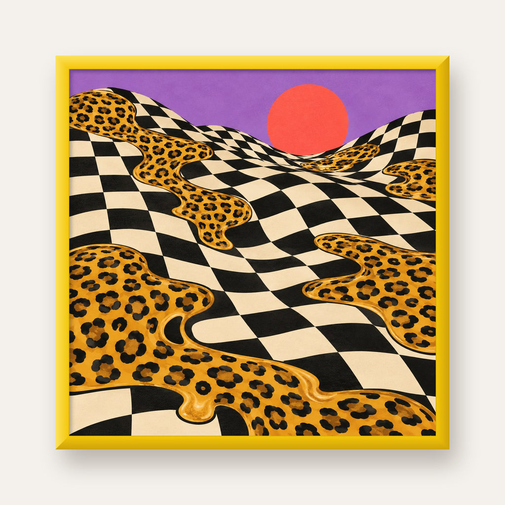 Eriyen Leopar Desenli Sürreal Peyzaj Poster - Modern Dekor — sarı çerçeveli