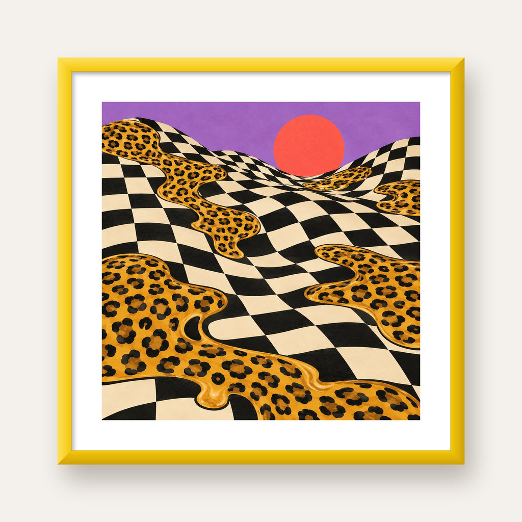 Eriyen Leopar Desenli Sürreal Peyzaj Poster - Modern Dekor — sarı çerçeveli paspartulu