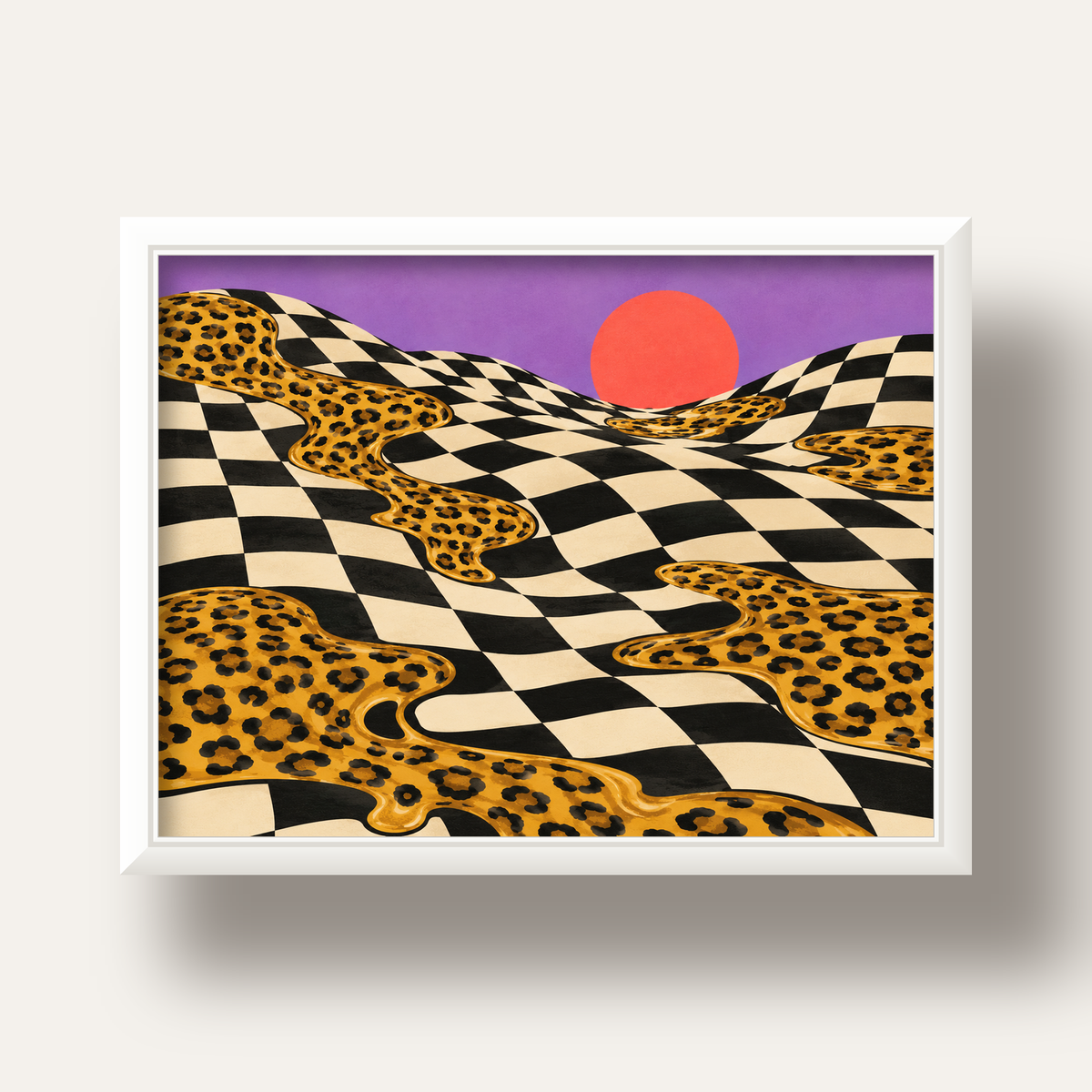 Eriyen Leopar Desenli Sürreal Peyzaj Poster - Modern Dekor — beyaz derin çerçeveli