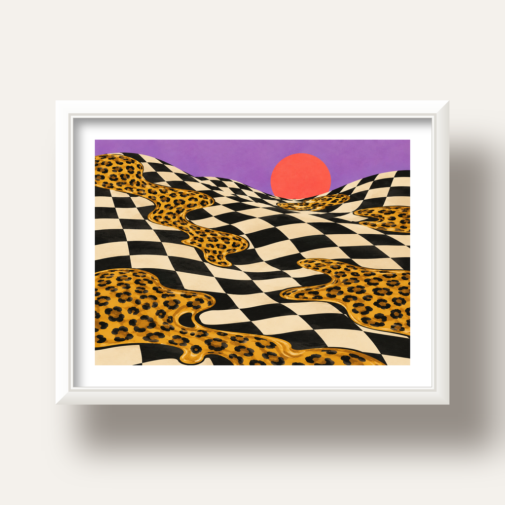 Eriyen Leopar Desenli Sürreal Peyzaj Poster - Modern Dekor — beyaz derin çerçeveli paspartulu