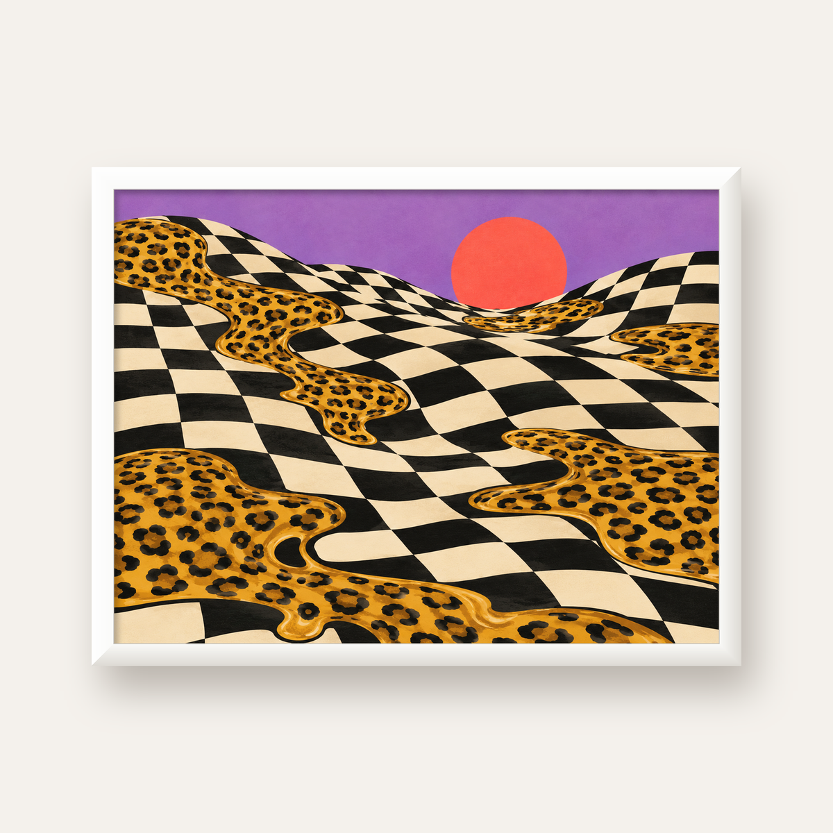 Eriyen Leopar Desenli Sürreal Peyzaj Poster - Modern Dekor — beyaz çerçeveli yatay poster