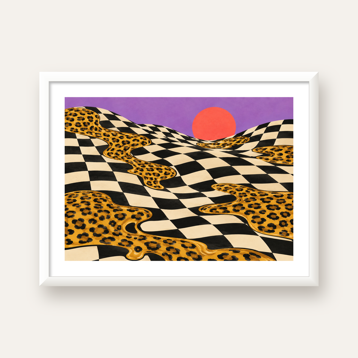 Eriyen Leopar Desenli Sürreal Peyzaj Poster - Modern Dekor — beyaz çerçeveli yatay poster