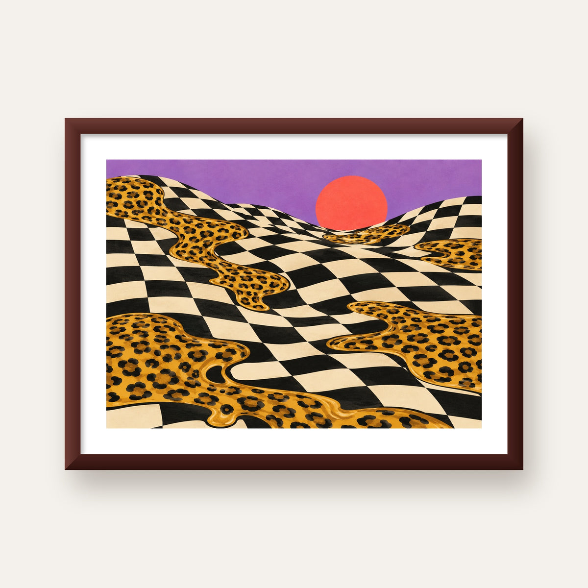 Eriyen Leopar Desenli Sürreal Peyzaj Poster - Modern Dekor — ceviz çerçeveli paspartulu