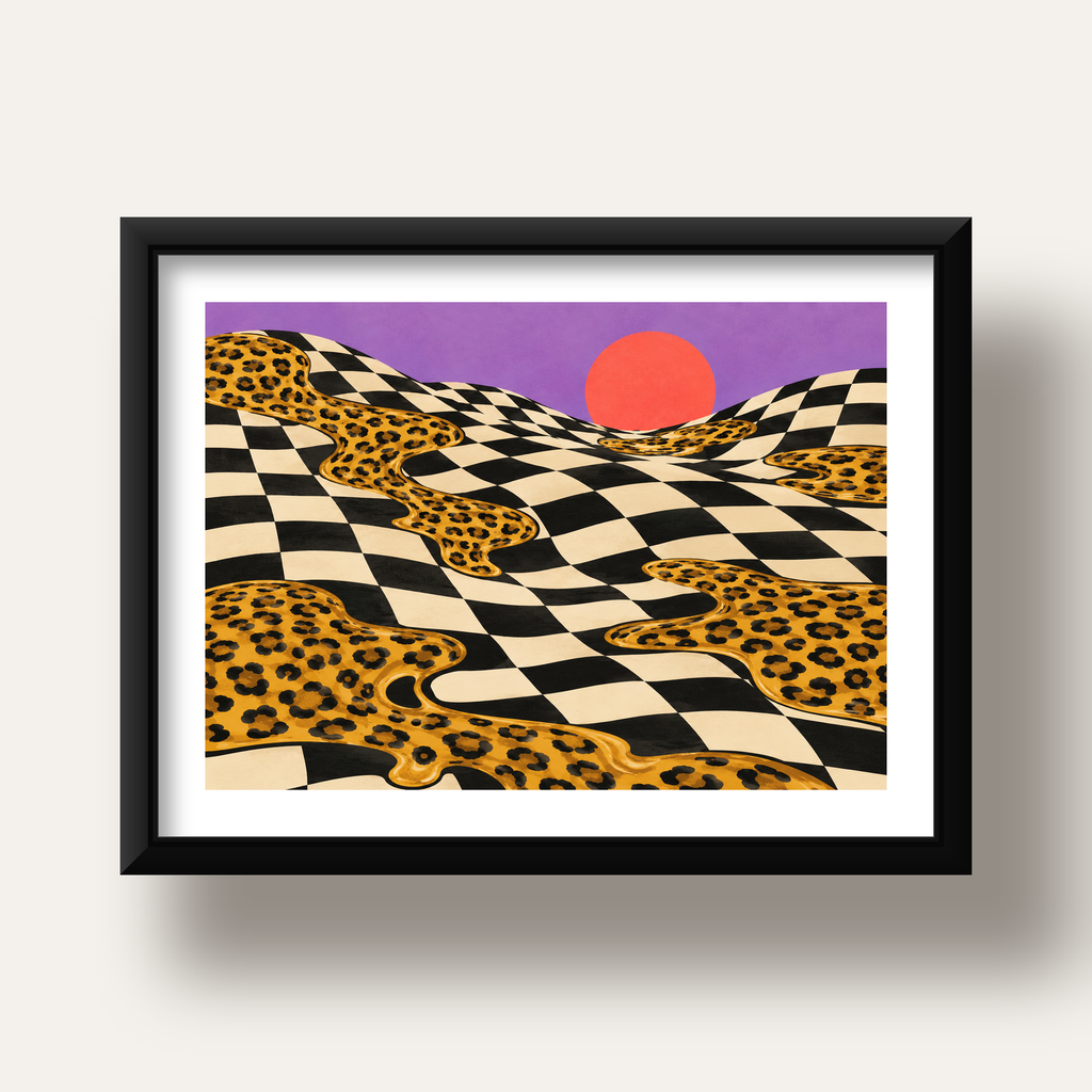 Eriyen Leopar Desenli Sürreal Peyzaj Poster - Modern Dekor — siyah derin çerçeveli paspartulu