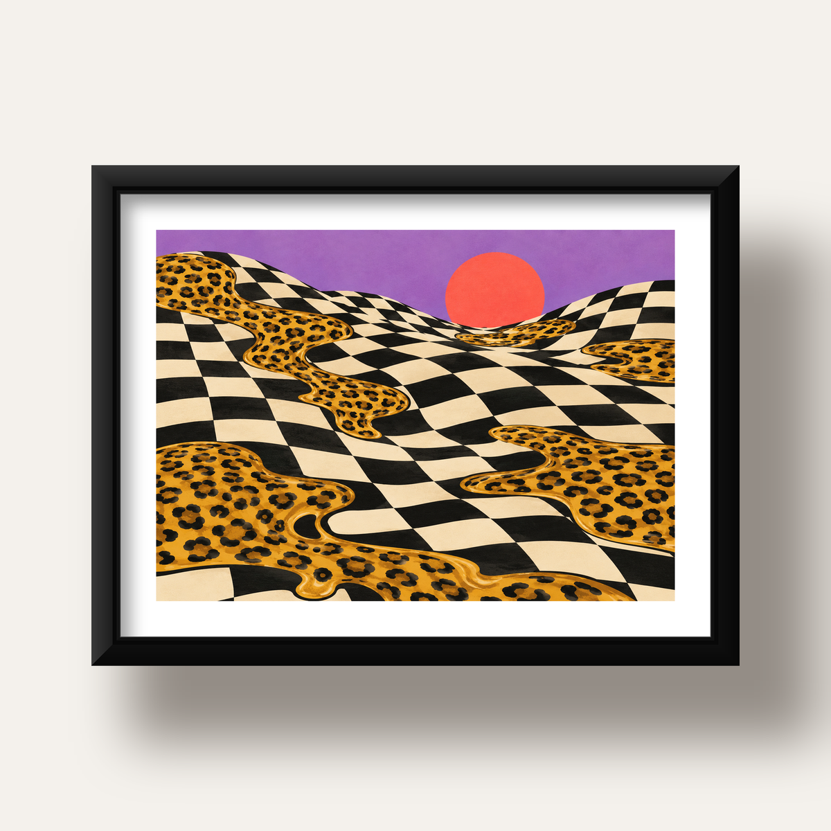 Eriyen Leopar Desenli Sürreal Peyzaj Poster - Modern Dekor — siyah derin çerçeveli paspartulu