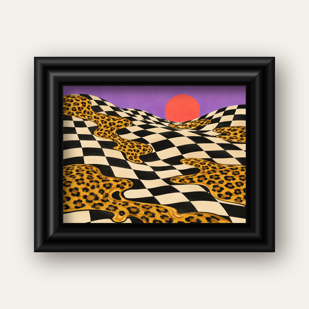 Eriyen Leopar Desenli Sürreal Peyzaj Poster - Modern Dekor — siyah galeri çerçeveli