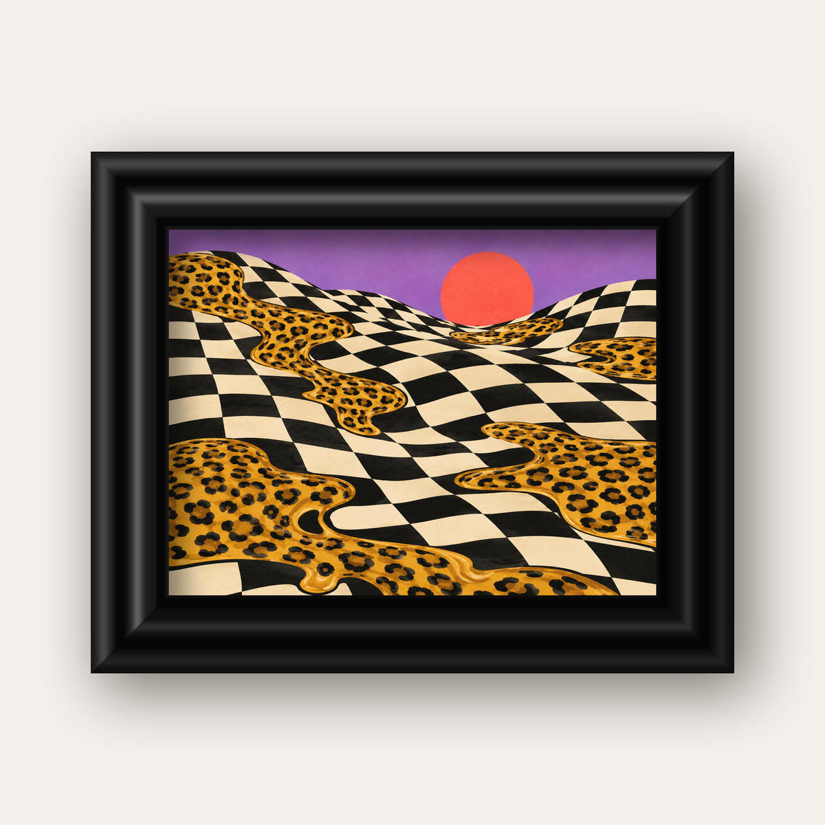 Eriyen Leopar Desenli Sürreal Peyzaj Poster - Modern Dekor — siyah galeri çerçeveli