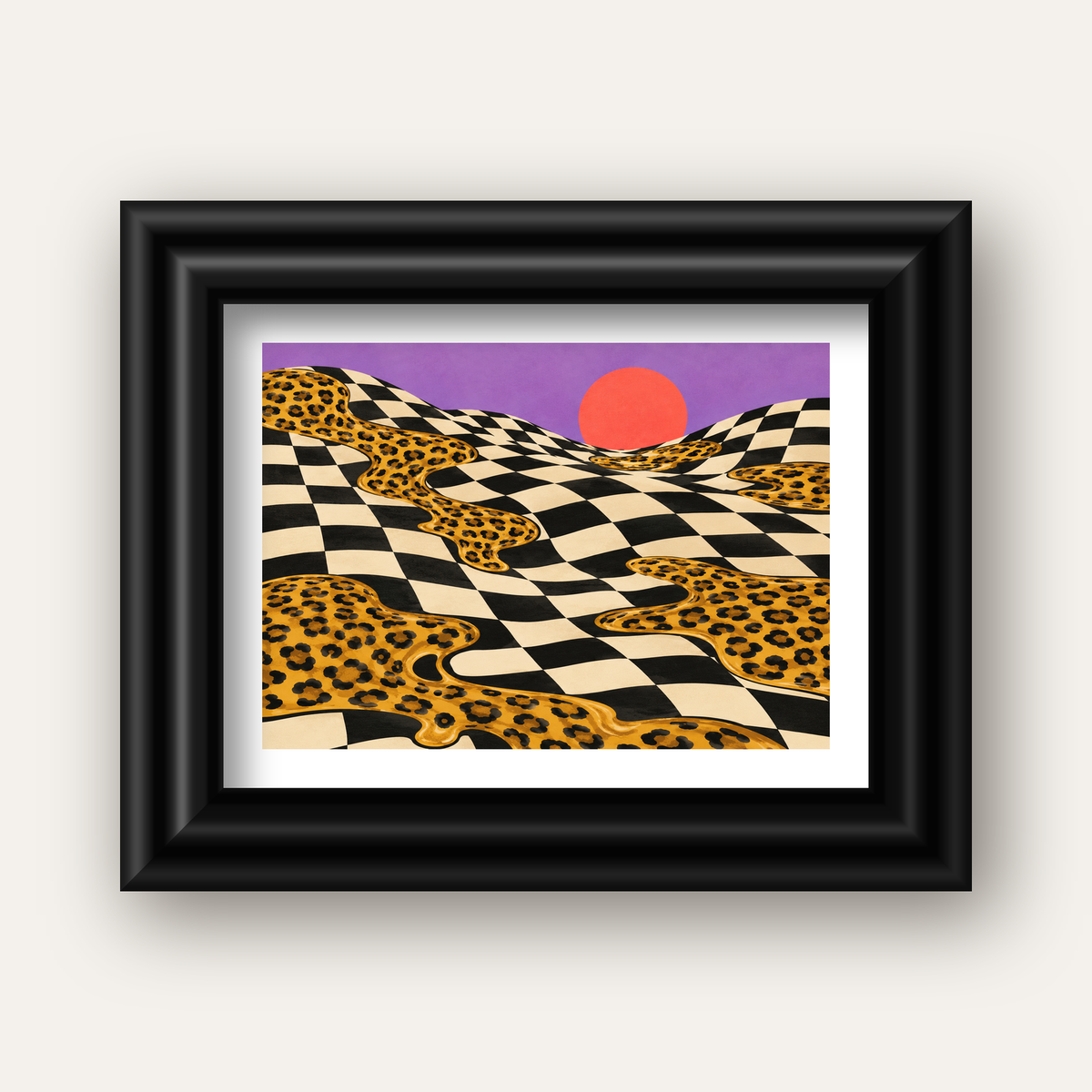 Eriyen Leopar Desenli Sürreal Peyzaj Poster - Modern Dekor — siyah galeri çerçeveli paspartulu