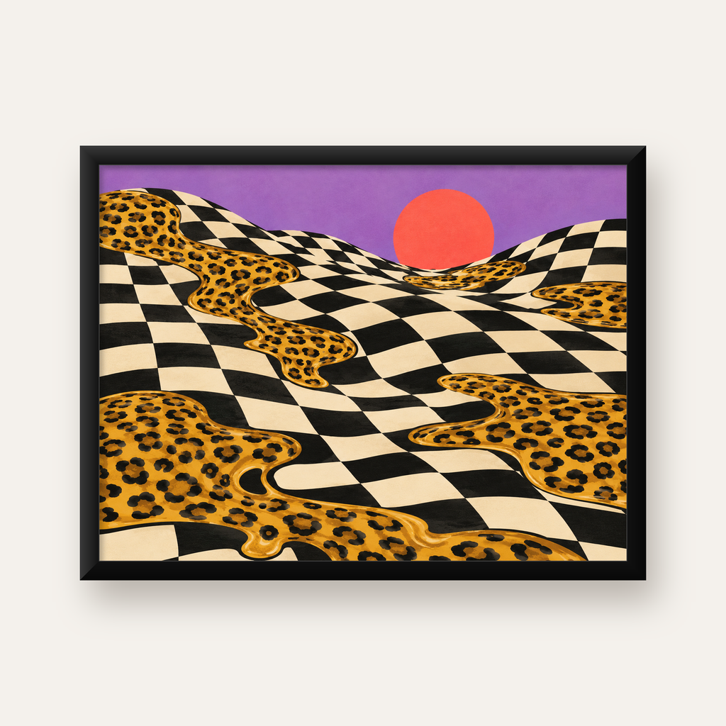 Eriyen Leopar Desenli Sürreal Peyzaj Poster - Modern Dekor — Yatay baskı, düz siyah çerçeveli duvar posteri