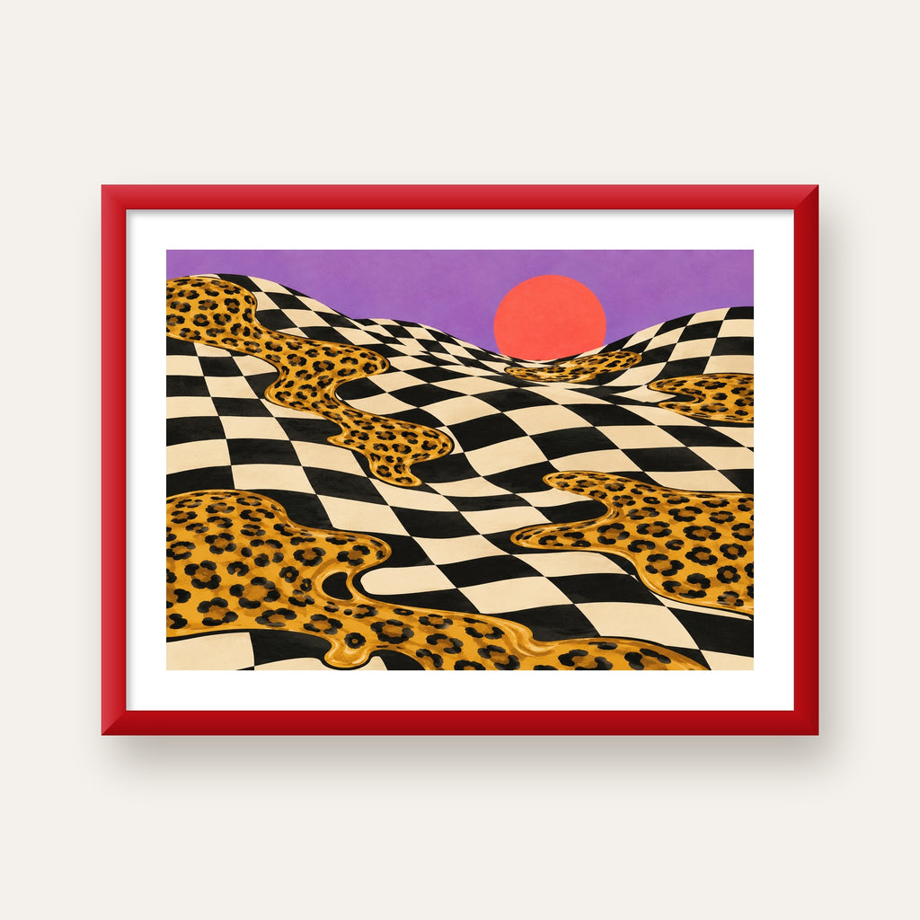 Eriyen Leopar Desenli Sürreal Peyzaj Poster - Modern Dekor — kırmızı çerçeveli paspartulu