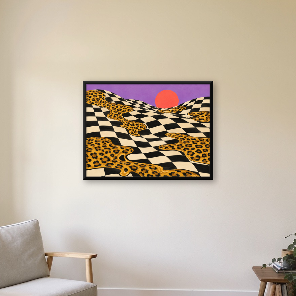 Eriyen Leopar Desenli Sürreal Peyzaj Poster - Modern Dekor — Yatay baskı, çerçeveli hâliyle bir ev duvarında