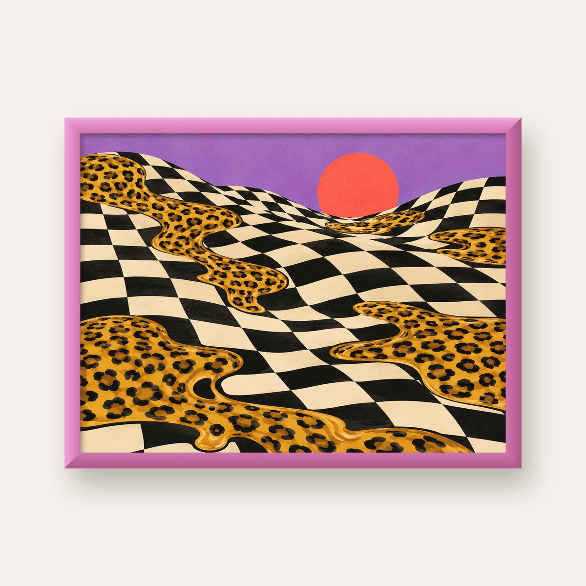 Eriyen Leopar Desenli Sürreal Peyzaj Poster - Modern Dekor — pembe çerçeveli