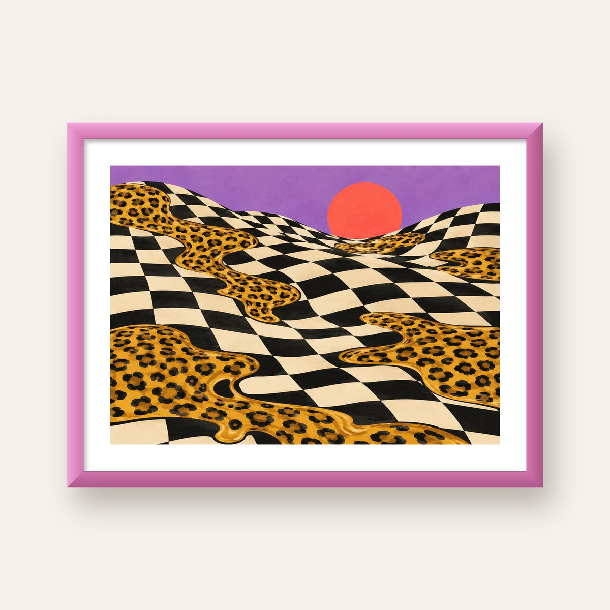 Eriyen Leopar Desenli Sürreal Peyzaj Poster - Modern Dekor — pembe çerçeveli paspartulu