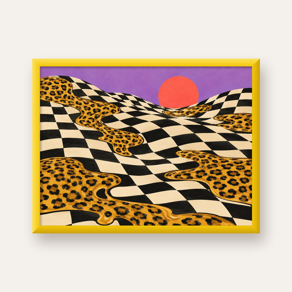 Eriyen Leopar Desenli Sürreal Peyzaj Poster - Modern Dekor — sarı çerçeveli