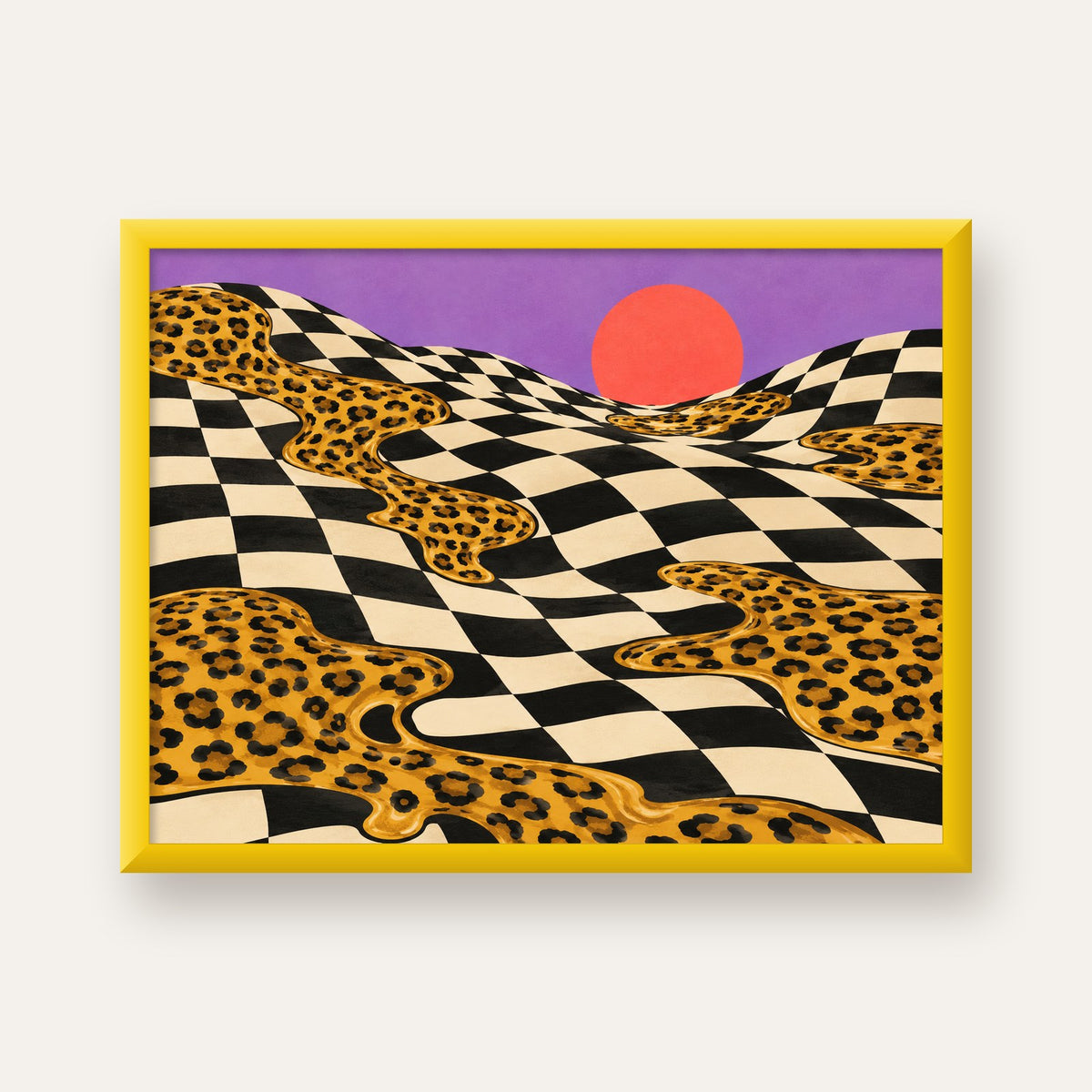Eriyen Leopar Desenli Sürreal Peyzaj Poster - Modern Dekor — sarı çerçeveli