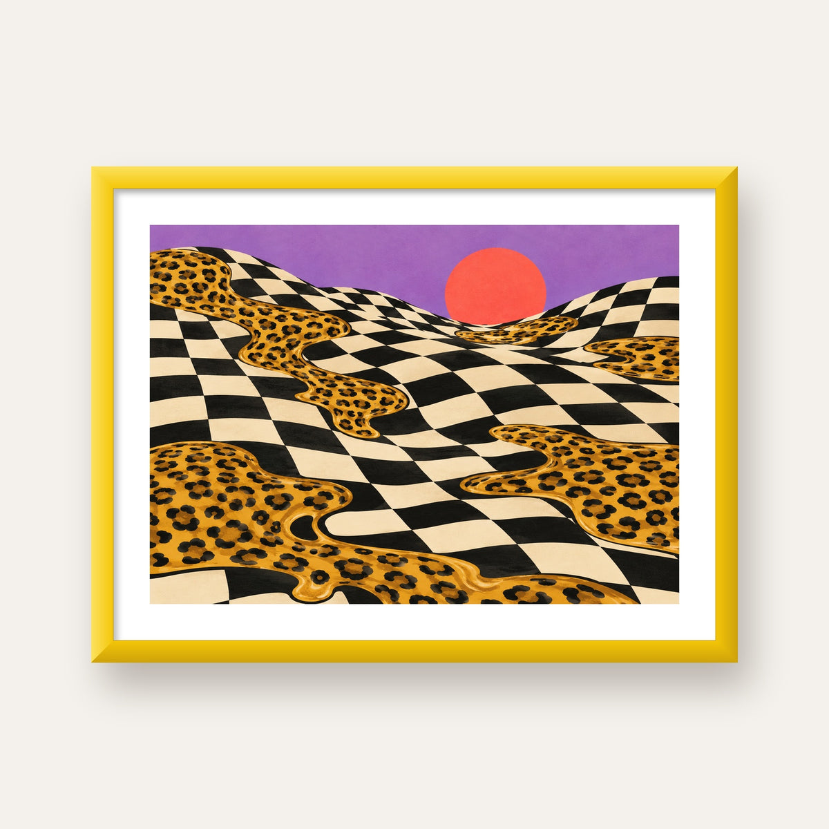 Eriyen Leopar Desenli Sürreal Peyzaj Poster - Modern Dekor — sarı çerçeveli paspartulu