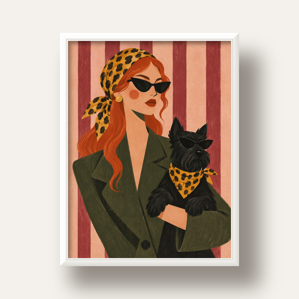 Retro Stil Kadın ve Köpek İllüstrasyon Poster — beyaz derin çerçeveli
