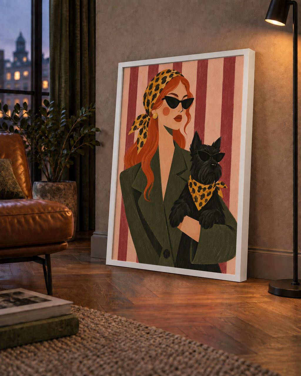 Retro Stil Kadın ve Köpek İllüstrasyon Poster — çerçeveli hâliyle bir ev duvarında