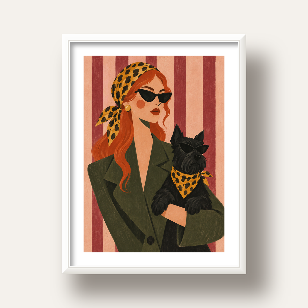 Retro Stil Kadın ve Köpek İllüstrasyon Poster — beyaz derin çerçeveli paspartulu