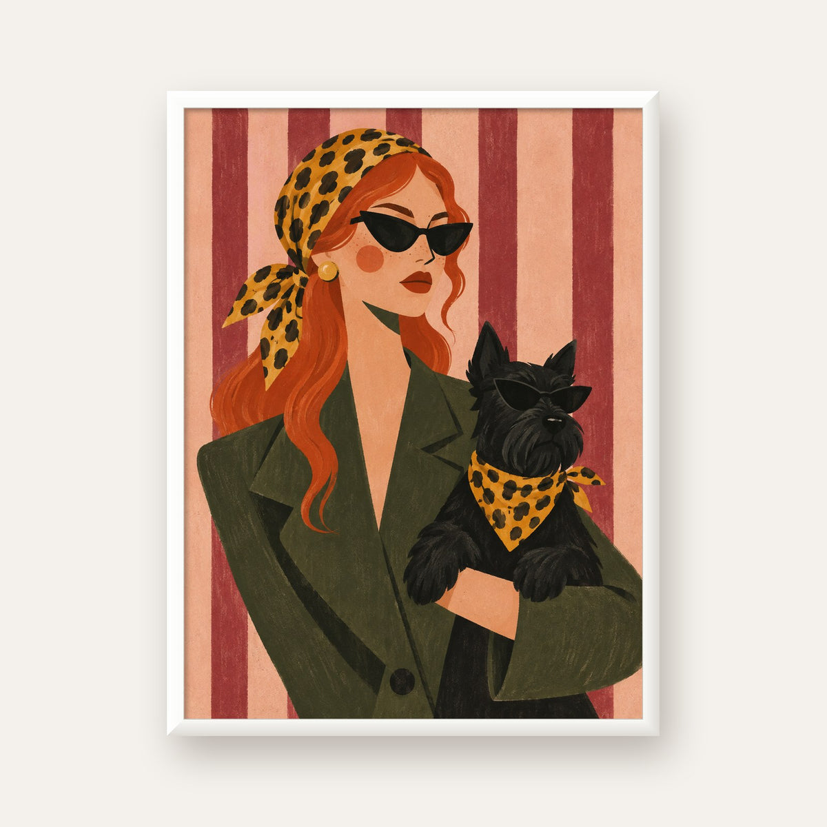 Retro Stil Kadın ve Köpek İllüstrasyon Poster — beyaz çerçeveli dikey poster