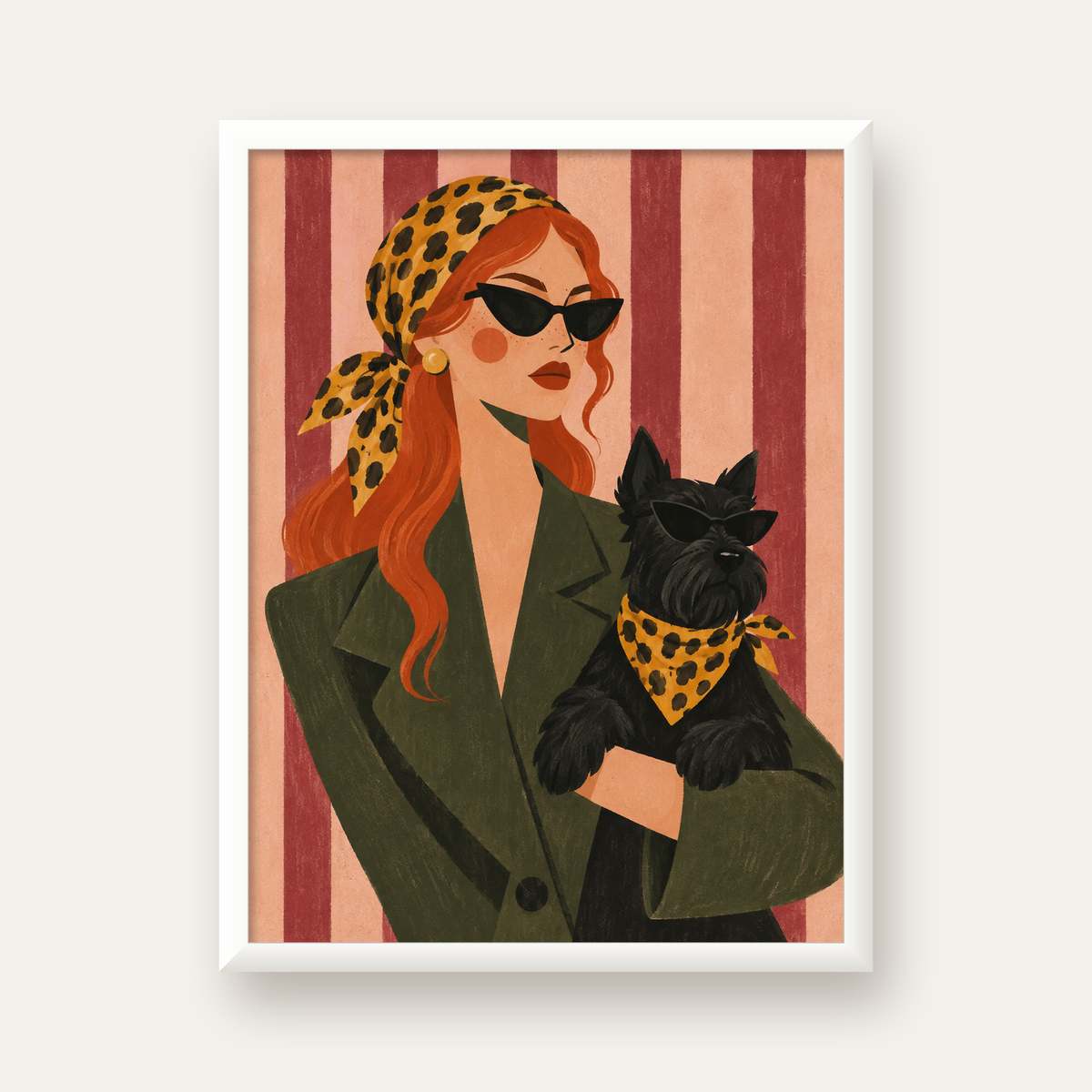 Retro Stil Kadın ve Köpek İllüstrasyon Poster — beyaz çerçeveli dikey poster