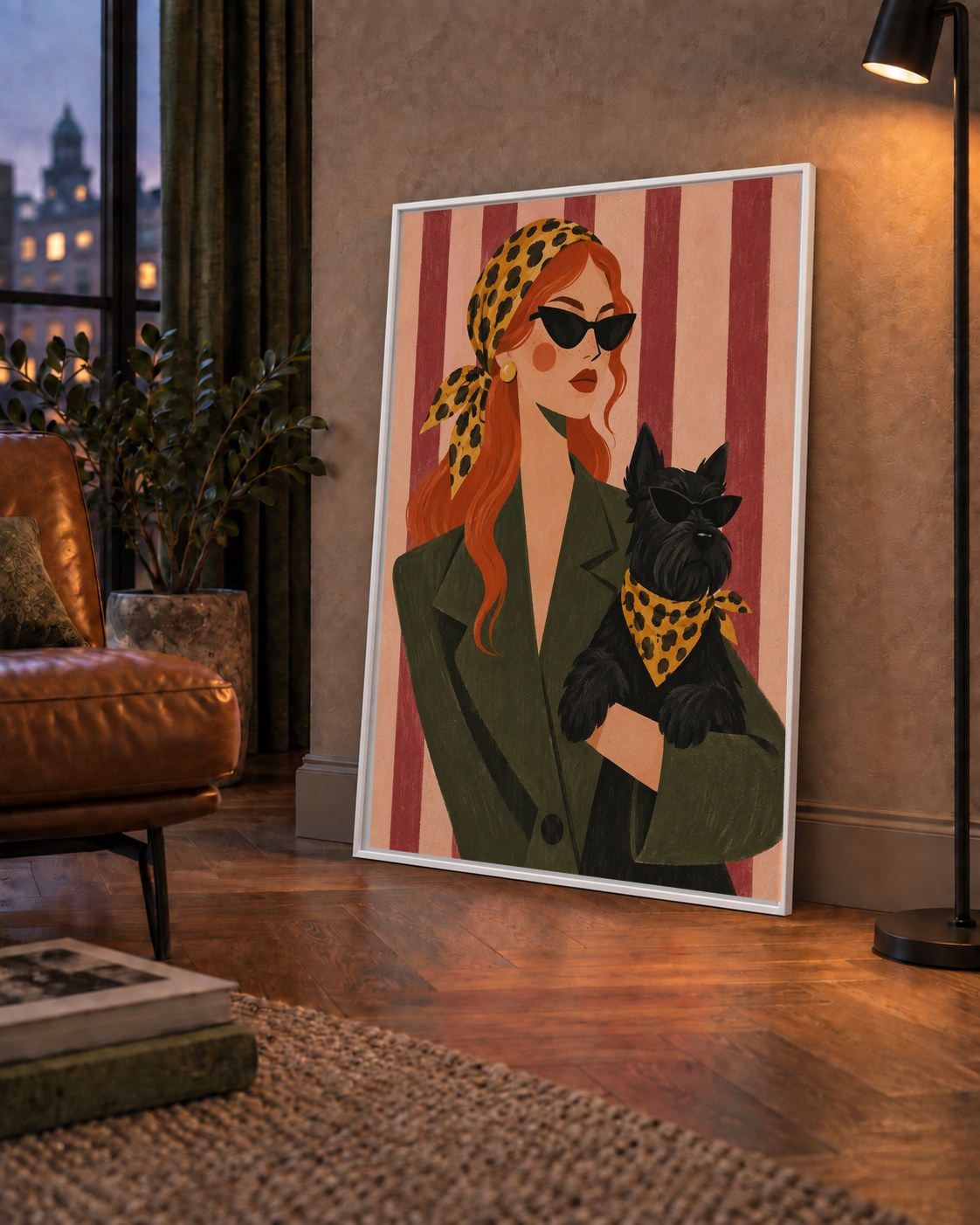 Retro Stil Kadın ve Köpek İllüstrasyon Poster — çerçeveli hâliyle bir ev duvarında