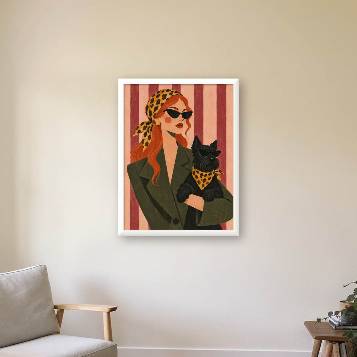 Retro Stil Kadın ve Köpek İllüstrasyon Poster — beyaz çerçeveli dikey poster