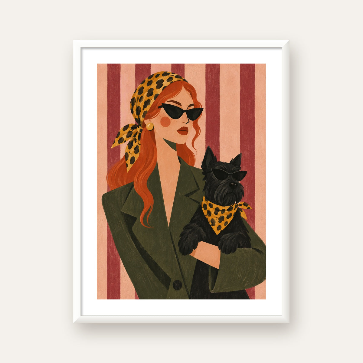 Retro Stil Kadın ve Köpek İllüstrasyon Poster — beyaz çerçeveli dikey poster