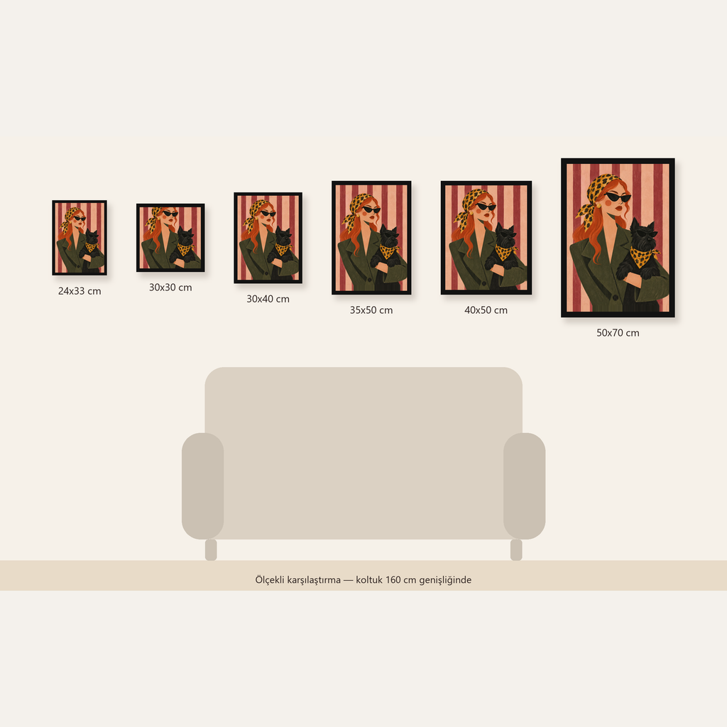 Retro Stil Kadın ve Köpek İllüstrasyon Poster — Dikey ölçülerinin karşılaştırması