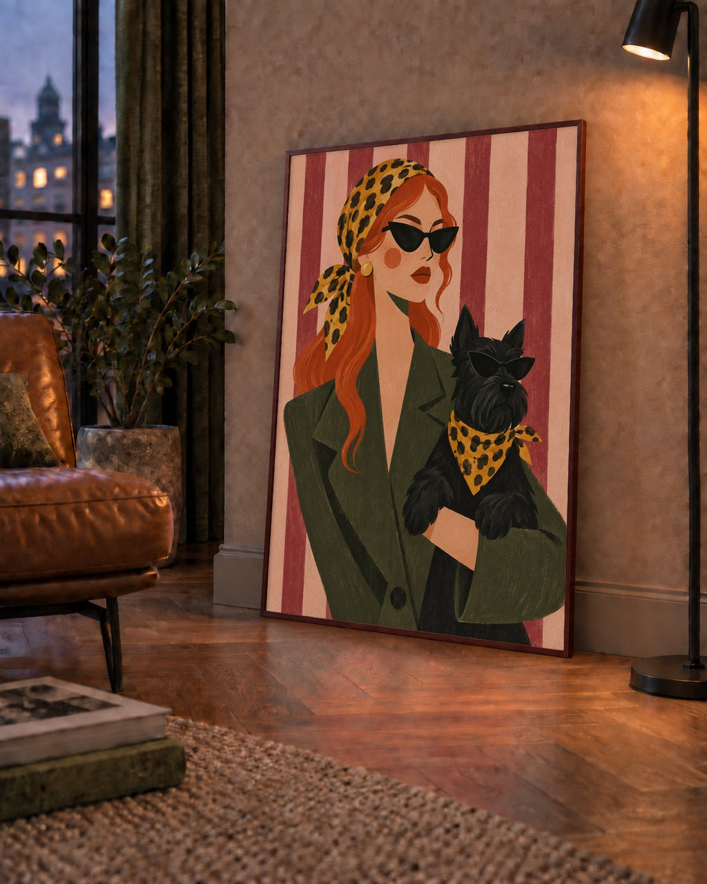 Retro Stil Kadın ve Köpek İllüstrasyon Poster — çerçeveli hâliyle bir ev duvarında