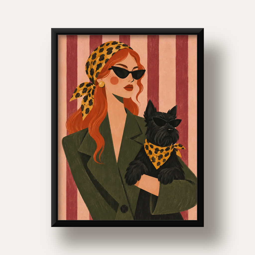 Retro Stil Kadın ve Köpek İllüstrasyon Poster — siyah derin çerçeveli