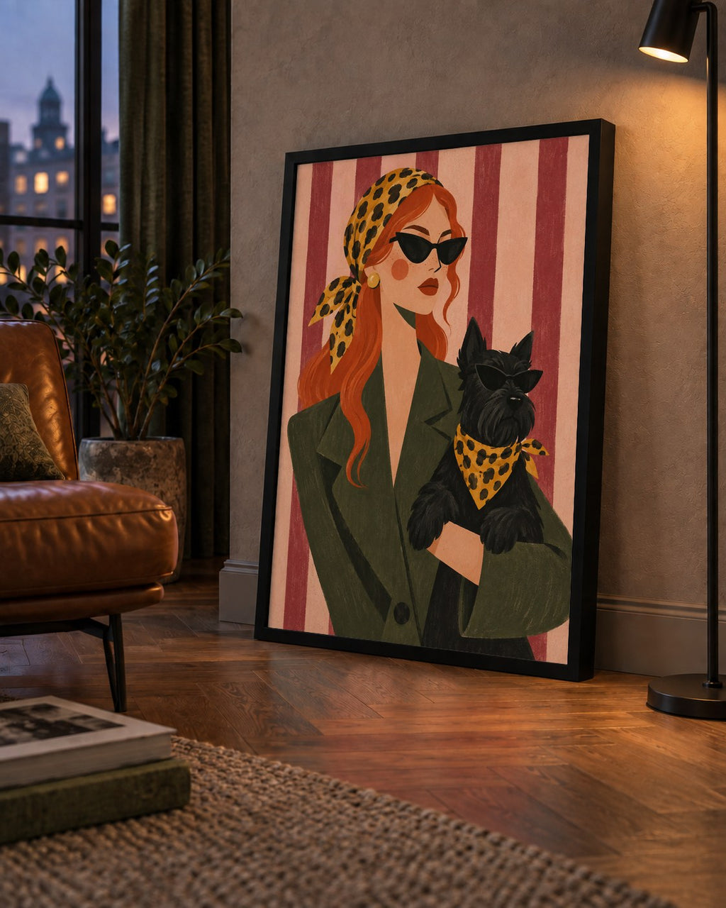 Retro Stil Kadın ve Köpek İllüstrasyon Poster — çerçeveli hâliyle bir ev duvarında