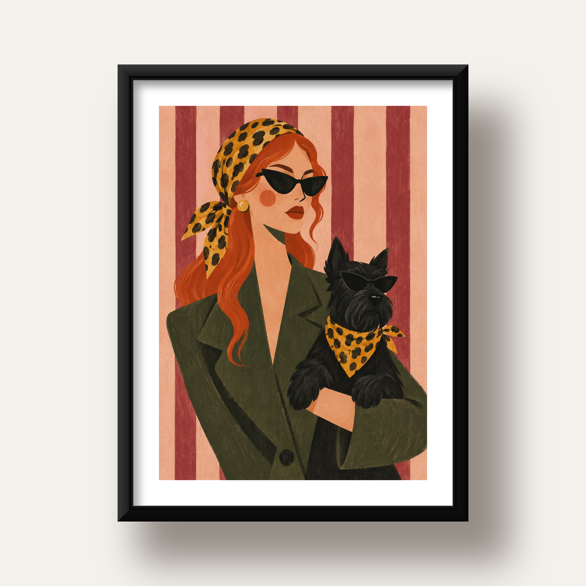 Retro Stil Kadın ve Köpek İllüstrasyon Poster — siyah derin çerçeveli paspartulu
