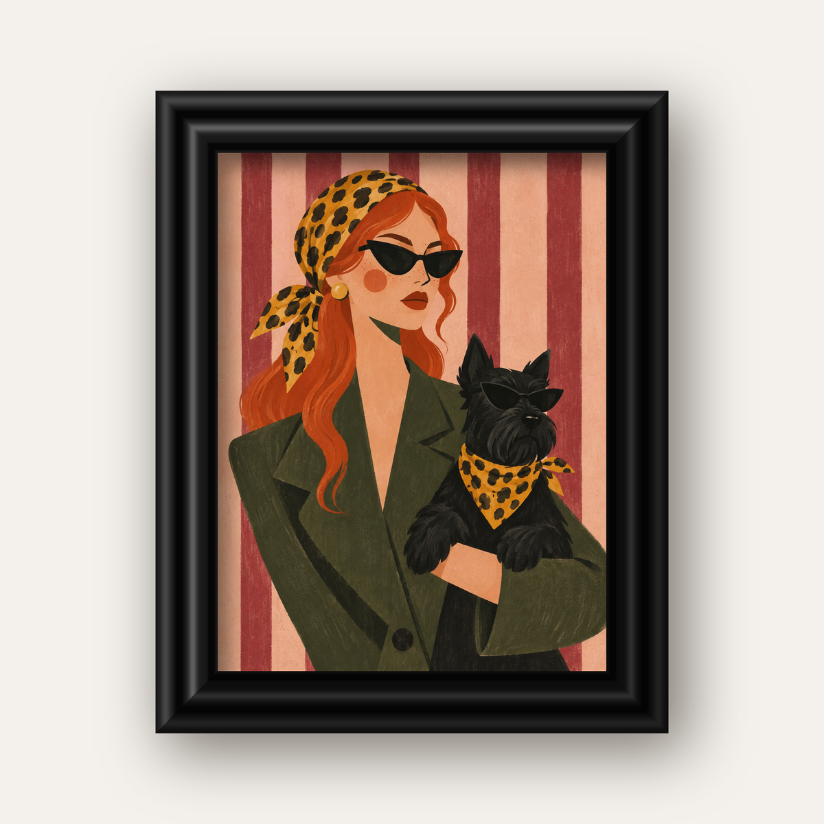 Retro Stil Kadın ve Köpek İllüstrasyon Poster — siyah galeri çerçeveli