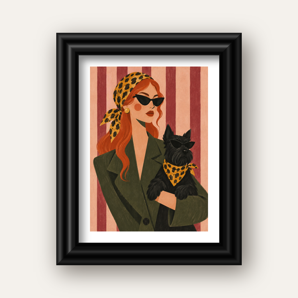 Retro Stil Kadın ve Köpek İllüstrasyon Poster — siyah galeri çerçeveli paspartulu