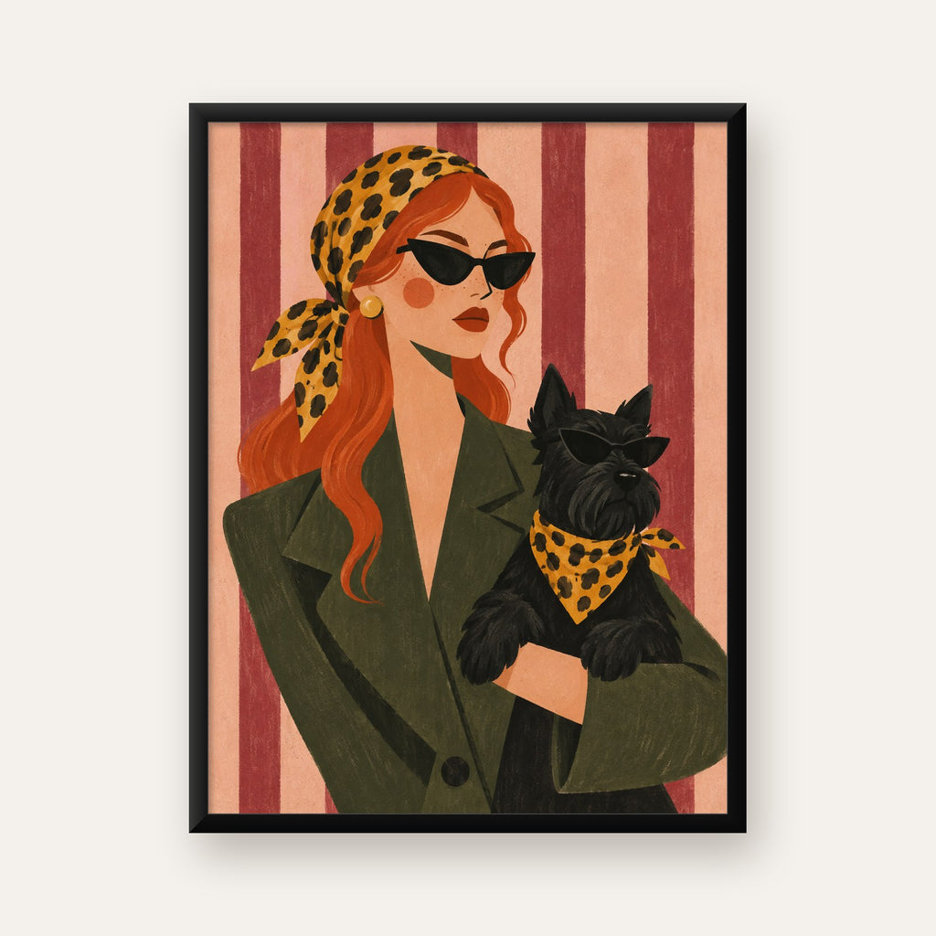 Retro Stil Kadın ve Köpek İllüstrasyon Poster — Dikey baskı, düz siyah çerçeveli duvar posteri