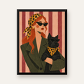 Retro Stil Kadın ve Köpek İllüstrasyon Poster — Dikey baskı, düz siyah çerçeveli duvar posteri