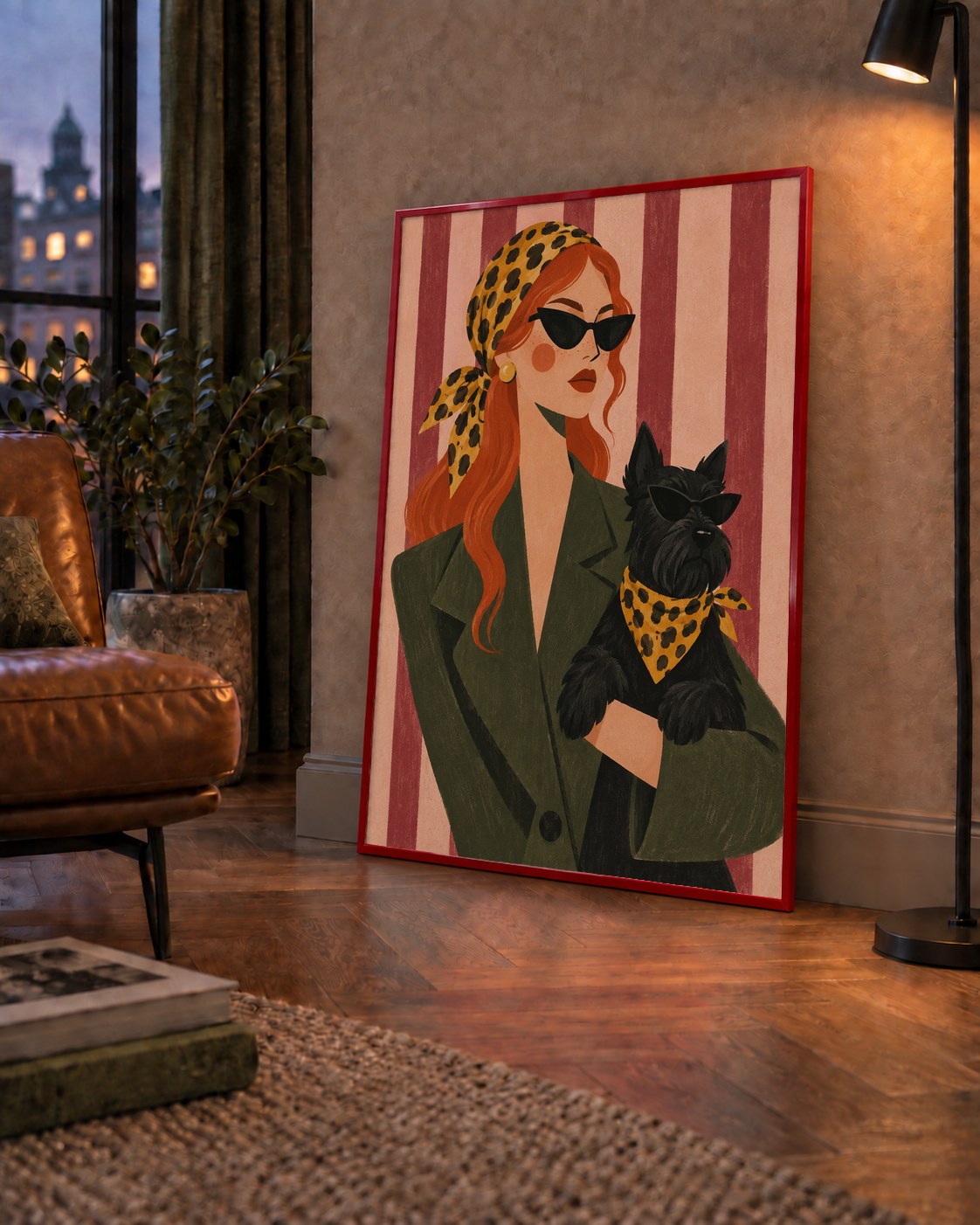 Retro Stil Kadın ve Köpek İllüstrasyon Poster — çerçeveli hâliyle bir ev duvarında