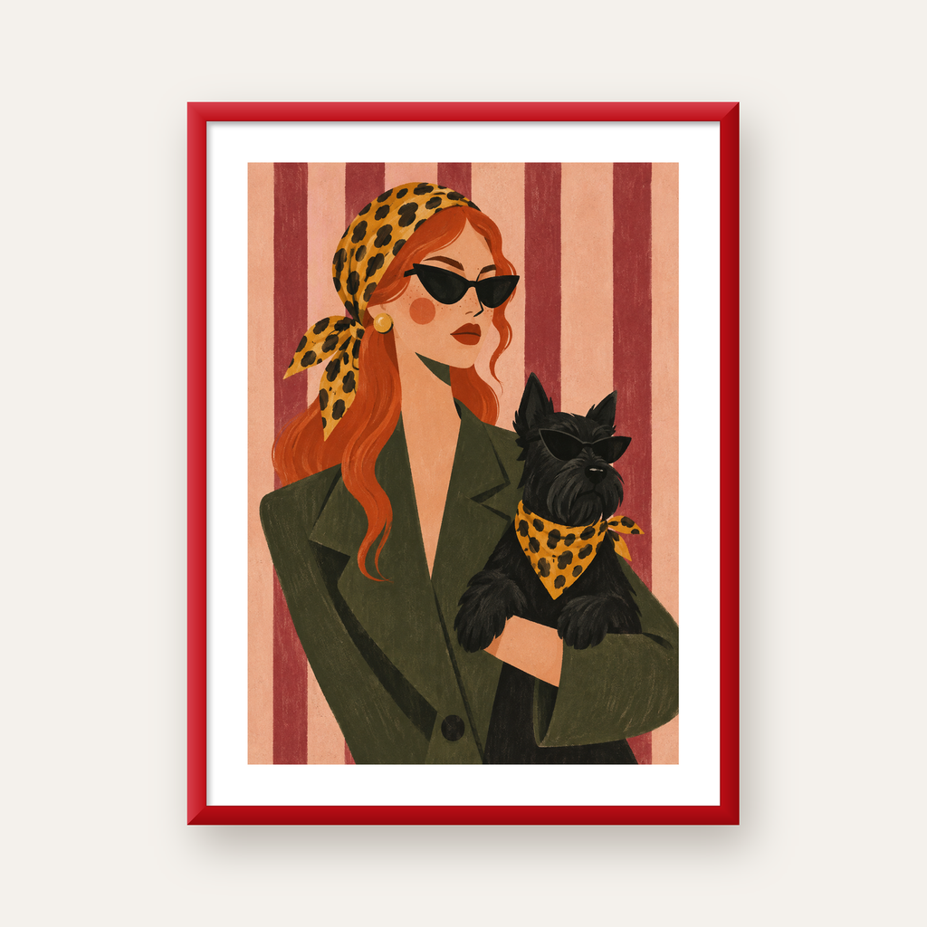 Retro Stil Kadın ve Köpek İllüstrasyon Poster — kırmızı çerçeveli paspartulu