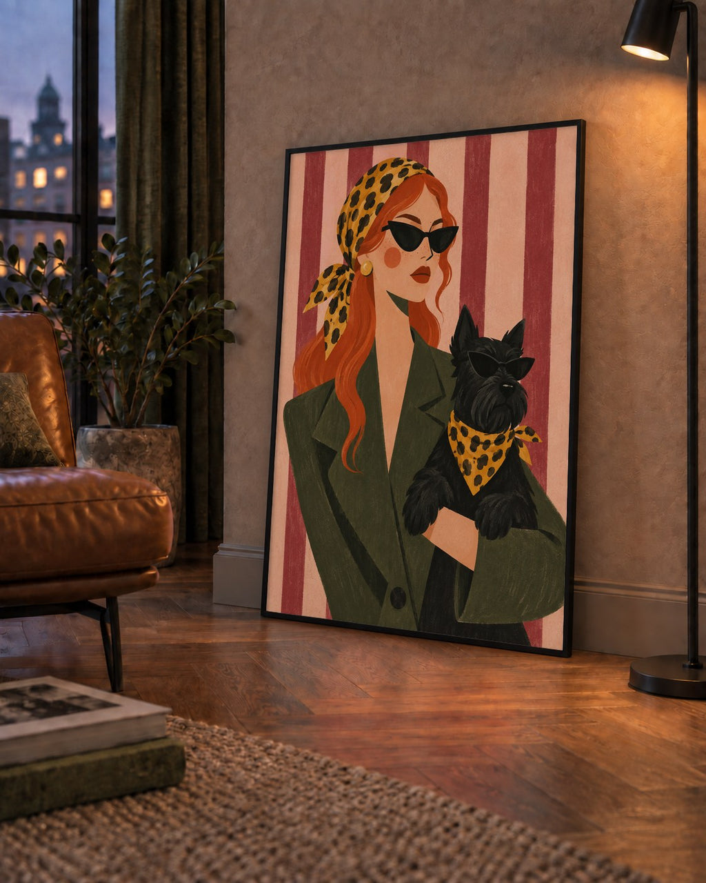 Retro Stil Kadın ve Köpek İllüstrasyon Poster — çerçeveli hâliyle bir ev duvarında