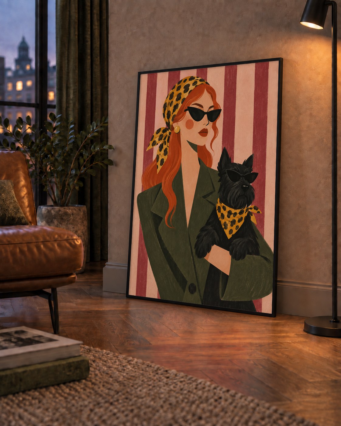 Retro Stil Kadın ve Köpek İllüstrasyon Poster — çerçeveli hâliyle bir ev duvarında